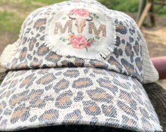 Cow Skull Mom Hat Leopard Print Cow Bull Skull and Flowers Patch Hat