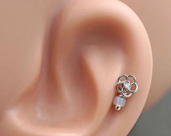 Clear Crystal Flower 16g Cartilage Tragus Helix Earring Internally Threaded