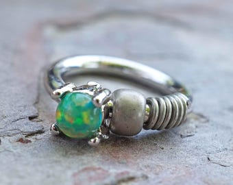 Green Opal Silver Cartilage Hoop Tragus Hoop Rook Daith Hoop