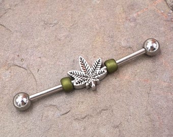 Marijuana Pot Leaf 14g Industrial Barbell Scaffold Piercing