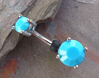 Turquoise Blue Prong Set Silver Belly Button Ring