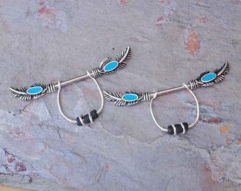 Turquoise Feather Nipple Ring Nipple Bar