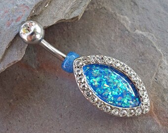 Blue Opal Oval Silver Belly Button Ring