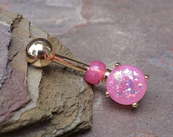 Pink Opal Glitter Gold Belly Button Ring Prong Set