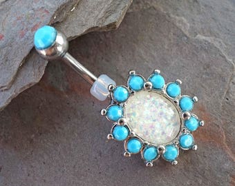 White Opal Turquoise Silver Belly Button Ring