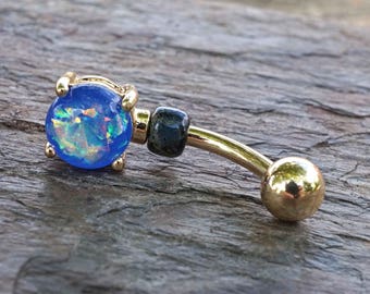 Blue Opal Glitter Gold Belly Button Ring Prong Set