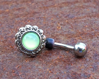 Lime Green Illuminating Stone Flower 316L Surgical Steel Belly Button Navel Ring