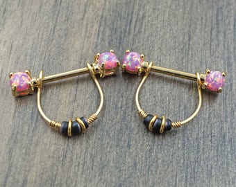 Pink Opal Glitter Gold Nipple Ring Nipple Piercing