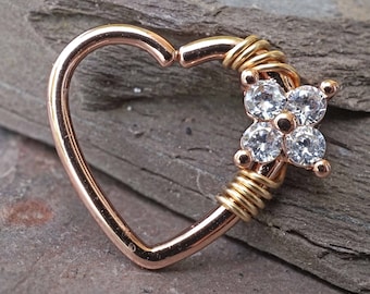 16 Gauge Rose Gold CZ Heart Daith Rook Heart Hoop Ring Daith