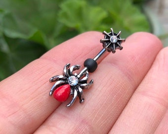 Short Belly Ring Black and Red Spider and Web Belly Button Ring