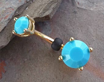 14kt Gold Turquoise Blue Prong Set Belly Button Ring