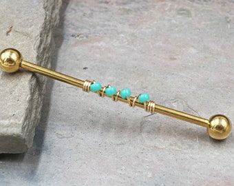 14 Gauge or 16 Gauge Turquoise Gold Industrial Barbell Silver, or Rose Gold