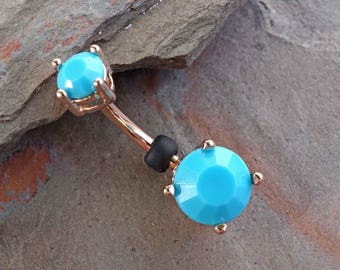 14kt Rose Gold Turquoise Blue Prong Set Belly Button Ring