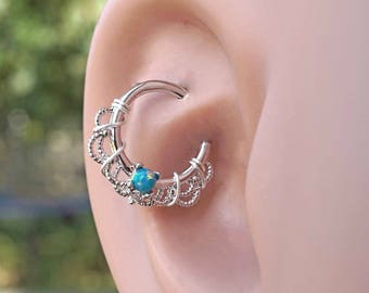 16 Gauge Green Opal Silver Daith Rook Hoop Ring Daith Septum Hoop