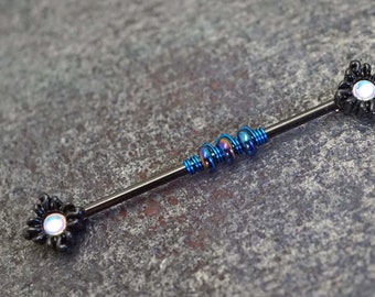 Black Illuminating Opal Sun 14 Gauge Industrial Barbell Piercing Beaded