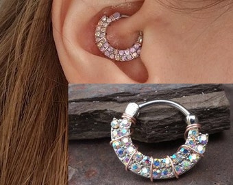 Aurora Borealis Daith Piercing Rook Earring Hoop Silver Clicker