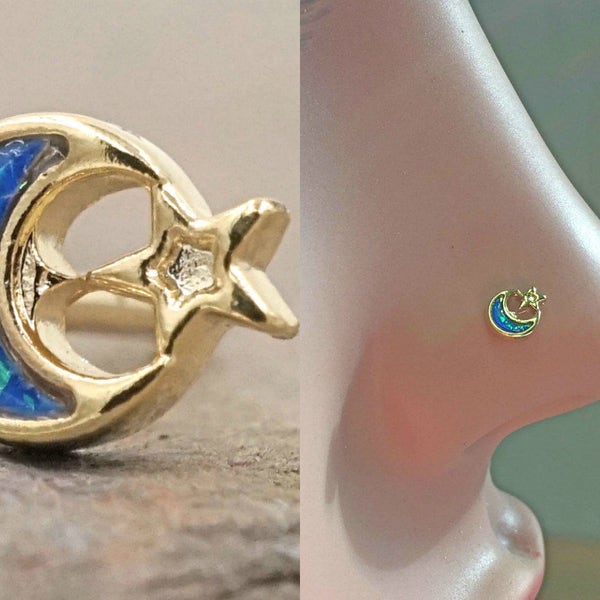 14kt Gold Nose Ring Gold Nose Stud Opal Crescent Moon and Star