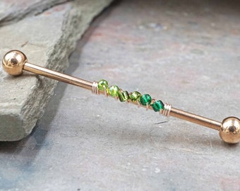 Ombre Green 14 Gauge or 16 Gauge Industrial Barbell Beaded Gold, Silver, or Rose Gold