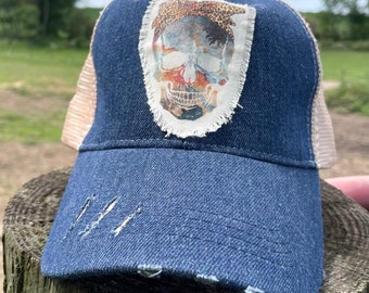 Denim Trucker Hat Flower Skull Patch Hat