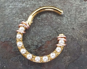 White Pearl Yellow Gold 16g Hinged Segment Hoop - Daith Earring Clicker - Rook Earring - Tragus Hoop