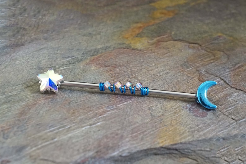 Blue Celestial Moon Industrial Barbell 14g Scaffold Aurora Borealis Crystal Star