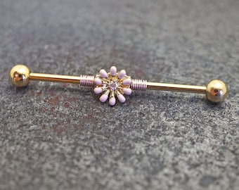 Pink Daisy Flower Yellow Gold Industrial Barbell 14g 16g Scaffold