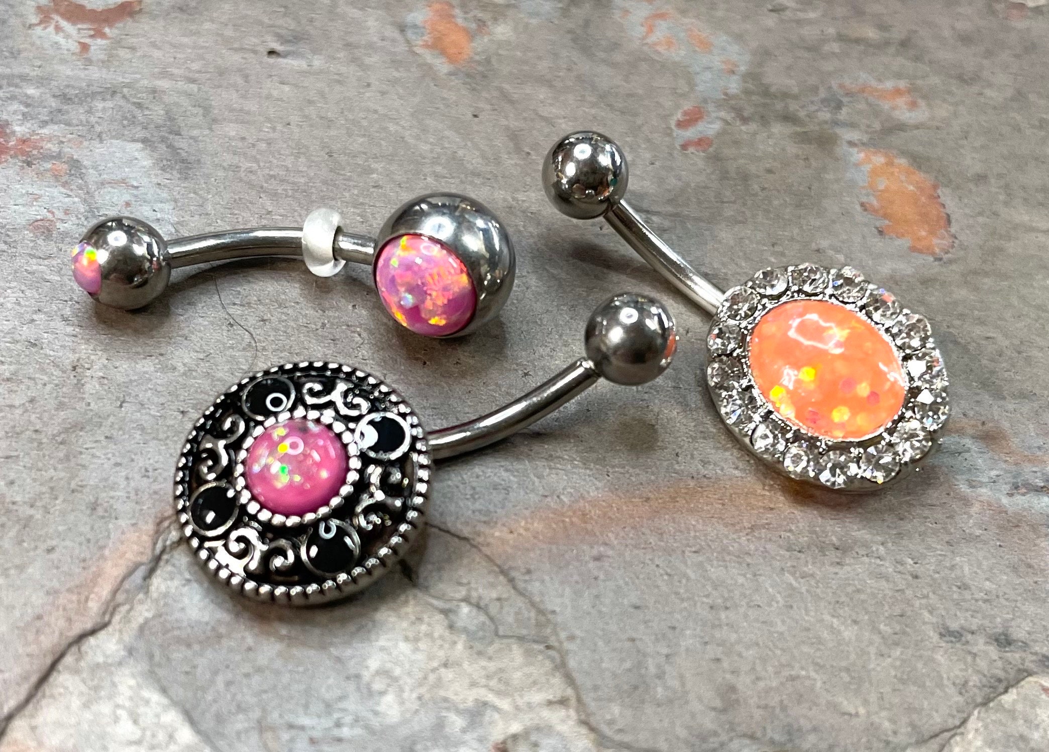 Pink Sun Opal Glitter Belly Ring