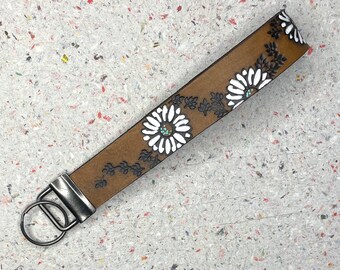 Ready to Ship White Sunflower Daisy Flowers Leather Keychain Wristlet - Tooled Leather Key Chain Loop Lanyard - Gift for Her