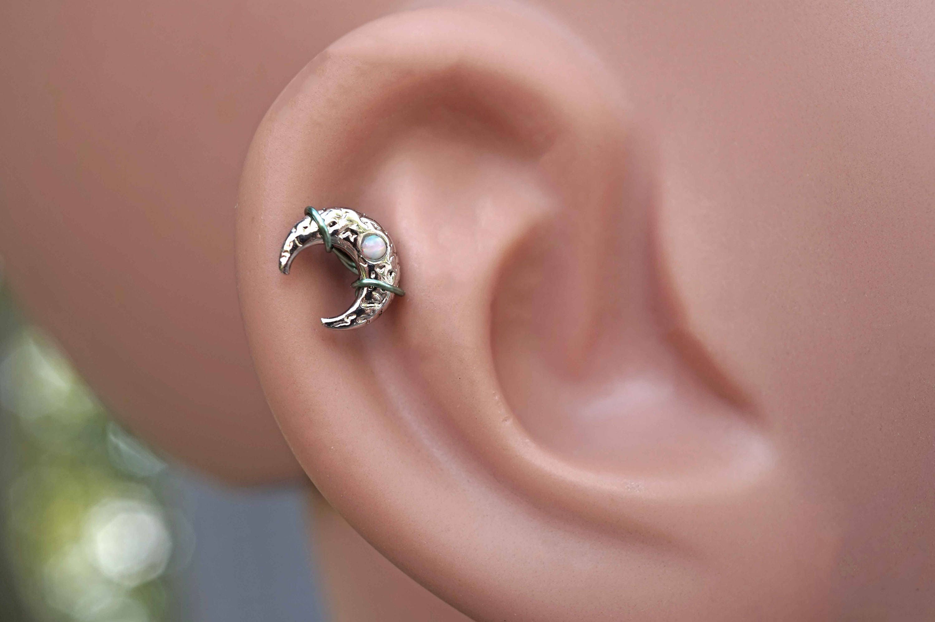 White Opal Moon Cartilage Stud Earring Piercing 16g