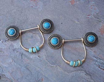 Turquoise Tribal Gold Nipple Ring Nipple Barbell