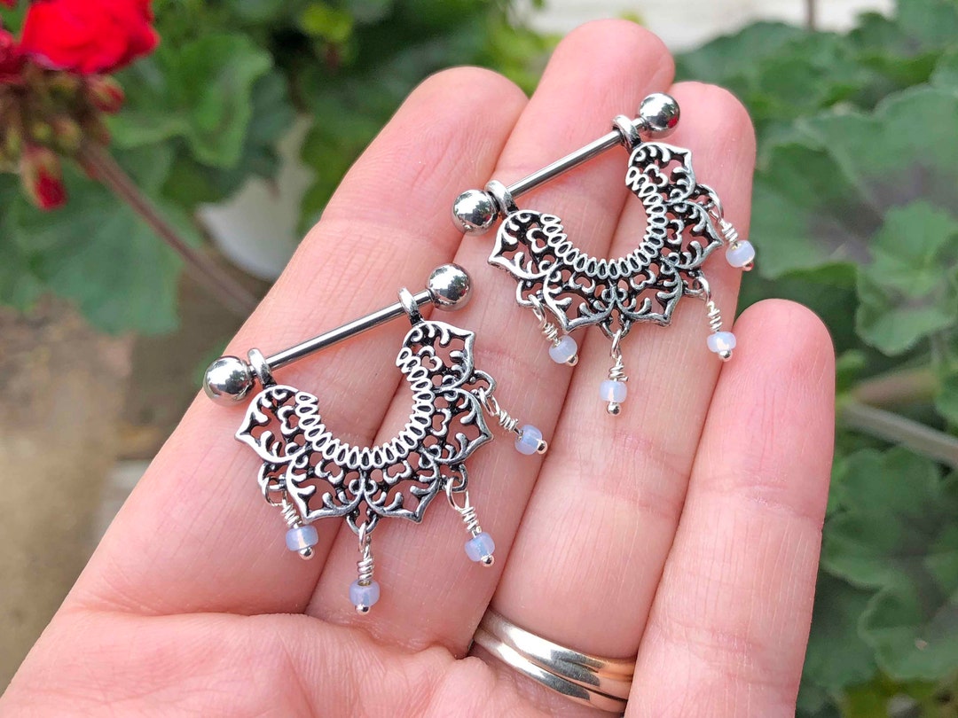 16g 14g Lotus Mandala Beaded Nipple Shield Ring Nipple Piercing