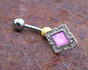 Pastel Pink Diamond Shaped Filigree Illuminating Stone Center 316L Surgical Steel Belly Button Navel Ring