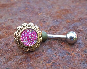 Pink Druzy Flower Gold Belly Button Navel Rings