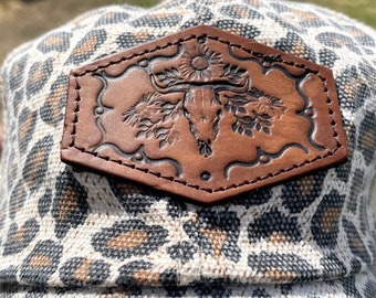 Tan Leopard Print Trucker Hat with Tooled Leather Cow Bull Skull and Flowers Patch Hat