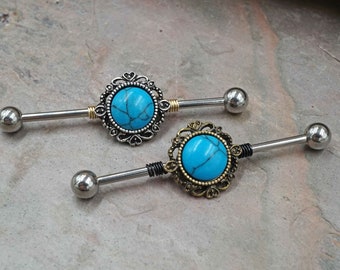 Turquoise Filigree Silver or Gold Industrial Barbell 14g or 16g Scaffold Piercing