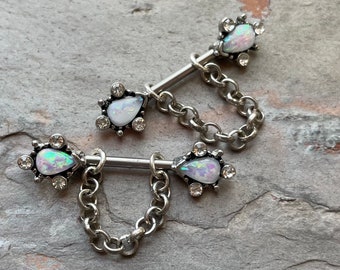 White Opal Teardrop Silver Nipple Ring Nipple Piercing