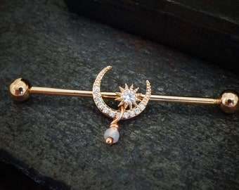 CZ Paved Moon with CZ Center Star Rose Gold Industrial Barbell