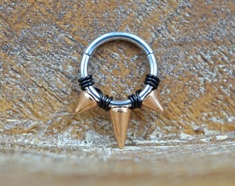 16g Hinged Segment Ring with Rose Gold Spikes - Daith Earring Clicker - Rook Earring - Tragus Hoop