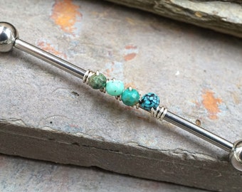 Turquoise Gemstone Beaded Industrial Barbell 14g 16g