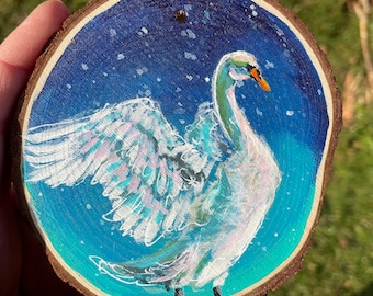 White Swan Taking Flight Wood Slice Ornament - Ready To Ship - Swan Bird Art