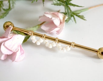 14 Gauge or 16 Gauge Pearl Scallop Industrial Barbell Silver, Gold, Black or Rose Gold