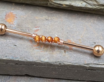 Orange Garnet Gemstone Beaded Industrial Barbell 14g 16g