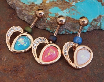 Crystal Paved Opal Heart Rose Gold Belly Button Navel Rings