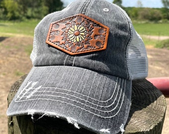 Distressed Black and Grey Trucker Hat with Tooled Leather Flower Patch Hat Ponytail Bun Hat