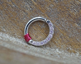 Half Circle Light Pink CZ Lined Tiny Hoop Septum Ring - Daith Piercing - Simple Rook Earring Hoop