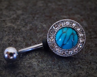 Round Turquoise and Crystal Belly Ring - Gift Under 20