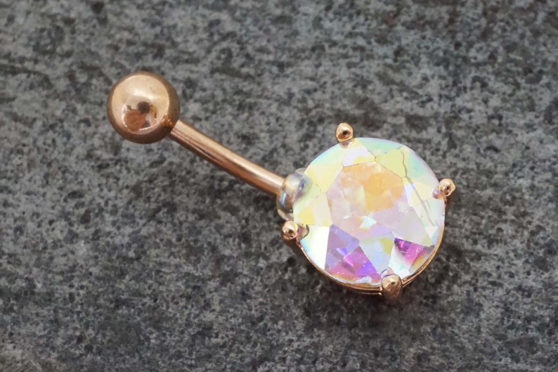 Gift Under 20 Round AB Aurora Borealis Rose Gold Belly Ring