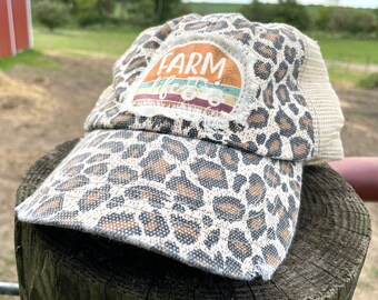 Leopard Print Trucker Farm Life Patch Hat Ponytail Bun Hat