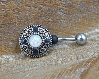 Belly Button Ring Round Tribal Shield With White Opal