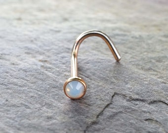 Rose Gold Nose Ring Nose Piercing White Opalite Opal Rose Gold Corkscrew